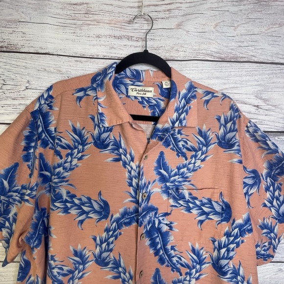 Caribbean Pure Silk Button Up Hawaiian Shirt Short Sleeve Collared Coral Mens XL - Picture 3 of 16